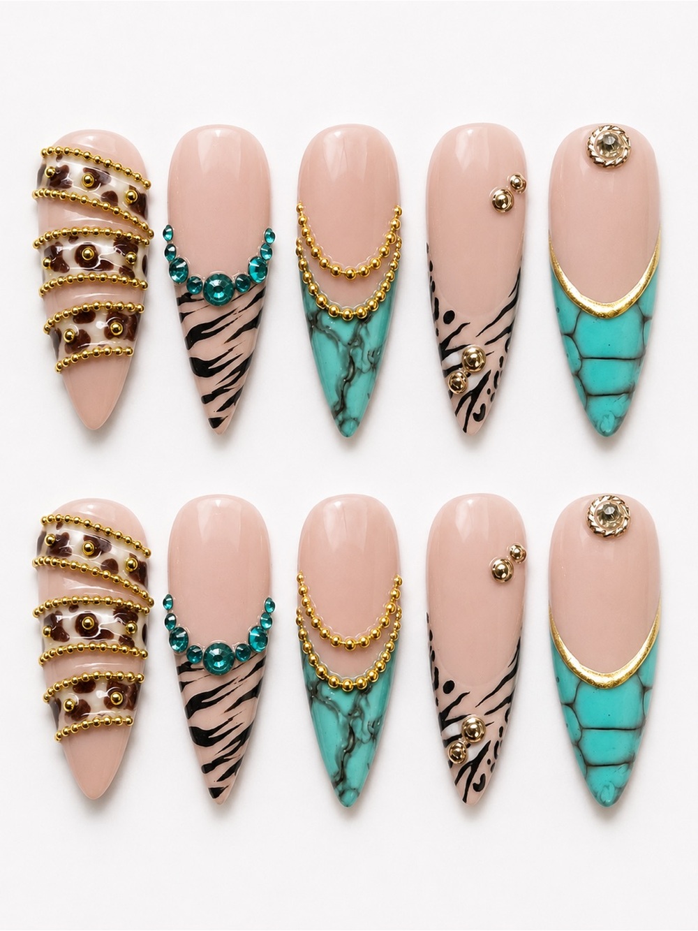 Nude & Turquoise Stiletto Press-On Nail Set with Gold Accents